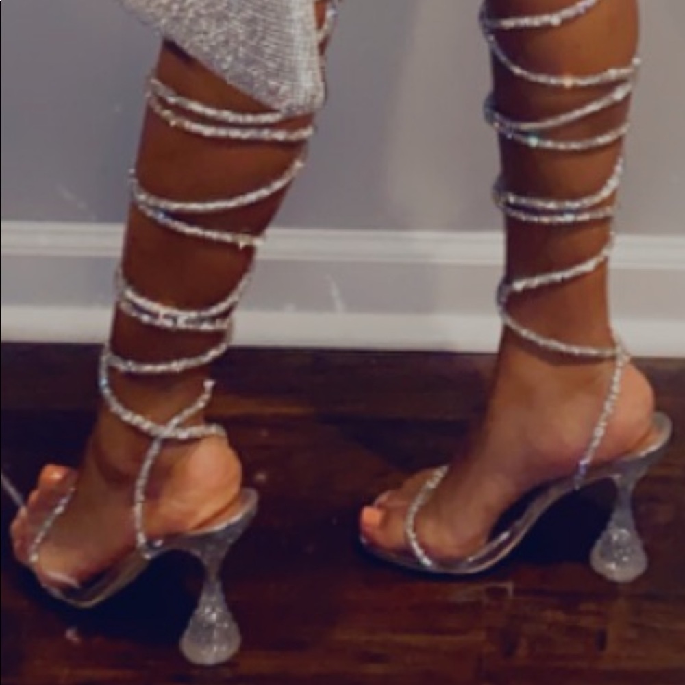 Silver rhinestone wrap heels size 8 only worn twice